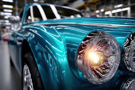 Close up of the headlight of a shiny teal classic car in a factory settingの写真素材