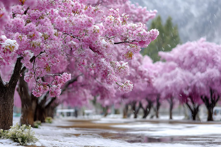 Pink cherry blossoms covered in snow in a park during winter or springの写真素材