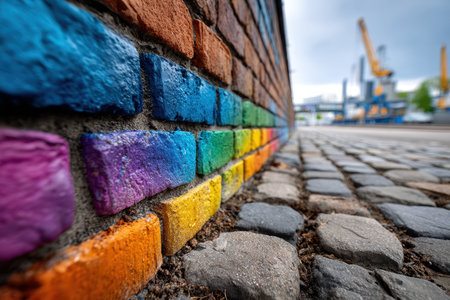 Vibrant bricks in various colors contrast with gray cobblestones beside a busy harbor area under overcast skies.の写真素材
