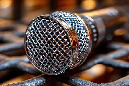A shiny microphone lies on a metal grill, ready for a performance at a lively venue in the evening.の写真素材