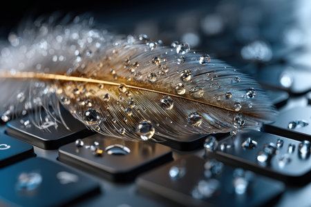A golden feather with water droplets lies elegantly on a black keyboard, blending nature with technology.の写真素材