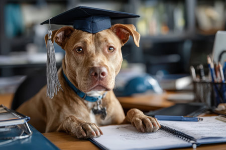 A dog in a graduation cap poses at a desk surrounded by study materials in a cozy study space.の写真素材