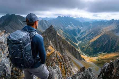 Individual stands atop a rugged peak, admiring the stunning valley scenery under a moody sky.の写真素材