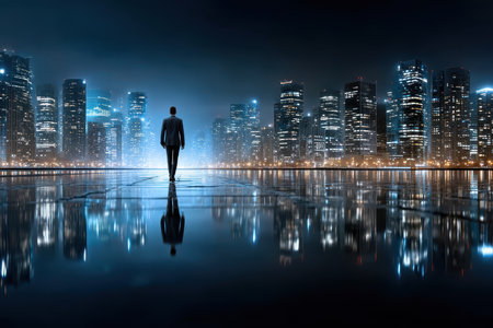 A man dressed in a suit walks through a city illuminated by skyscrapers at night, reflecting on the wet ground.の写真素材
