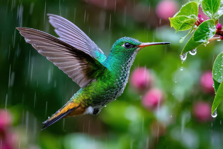 A hummingbird hovers near a flower in the rainの写真素材