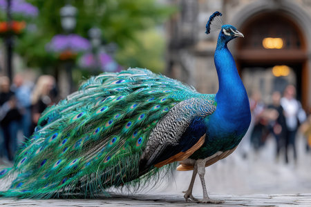 A stunning peacock with colorful feathers stands proudly in a bustling city environment filled with people.の写真素材