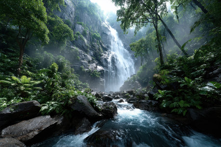 A waterfall cascades down a rocky cliff face into a stream in a lush tropical rainforestの写真素材