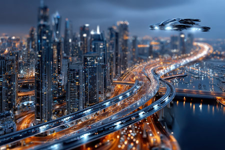 A surreal shot of a futuristic cityscape, portraying progress and innovation, under twilight lighting, using a tilt-shift lens on a DSLR, where a flying car is seen in the skyの写真素材