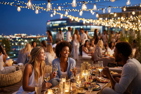 Friends enjoy food and drinks on a rooftop terrace, surrounded by twinkling lights and city views at night.の写真素材