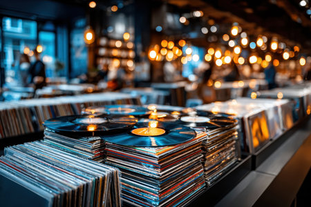 Stacks of vinyl records are artfully arranged in a vibrant music store with ambient lighting and a lively atmosphere.の写真素材