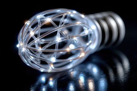 A lightbulb with a complex glowing filament rests on a dark surfaceの写真素材