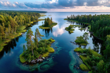Aerial view of small islands in a lake surrounded by forestの写真素材