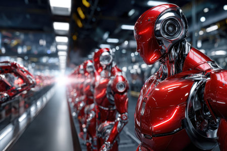 Red and chrome robots stand in a line inside a futuristic factoryの写真素材