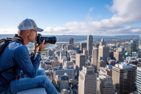 Man using a camera takes pictures of the urban skyline from a high vantage point on a rooftop.の写真素材