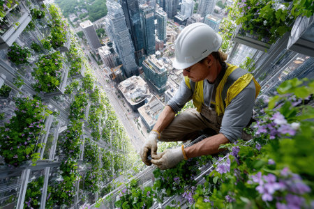 A worker tends to a vertical garden on a skyscraper while surrounded by city views, showing urban greenery.の写真素材