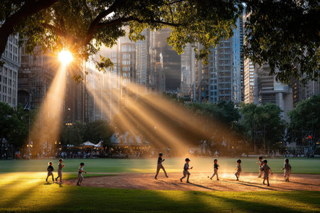 Children are playing baseball in a city park as golden sunlight streams through the trees at sunset.の写真素材