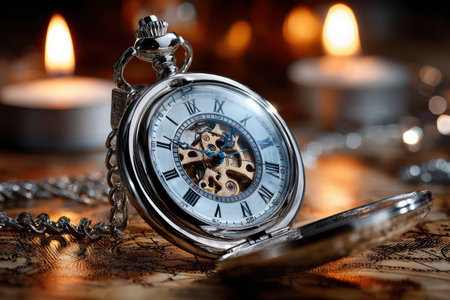 A silver pocket watch with visible gears rests open on an antique map, illuminated by the warm glow of candlelight The watch's chain lies draped across the mapの写真素材