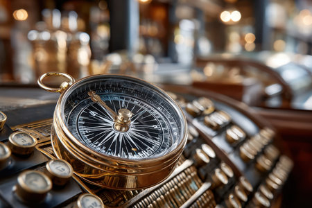 A beautifully crafted compass sits atop a detailed brass display in a vintage bar illuminated by warm lights.の写真素材