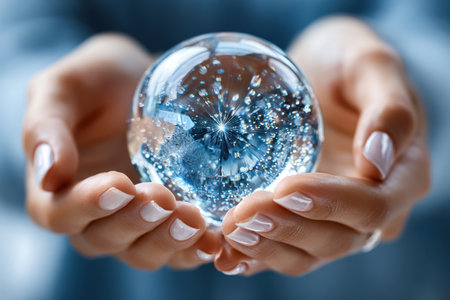 Two hands cradle a sparkling crystal orb that reflects light in a mesmerizing way.の写真素材