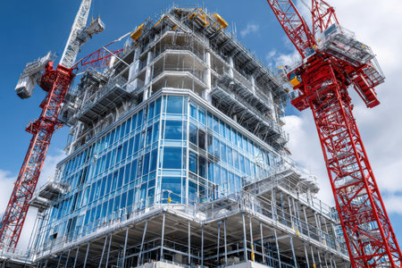 A modern glass skyscraper under construction with visible cranes and scaffoldingの写真素材