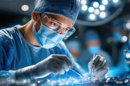 A surgeon performing a complex procedure, shot in a sterile operating room with a prime lens, showcasing the precision and dedication of medical professionals, ultrarealistic photo --ar 3:2 --raw --profile nk3i4wf --stylize 250 --v 7 Job ID: 316a9b21-a293-4a71-89c9-77ed5cec362fの写真素材