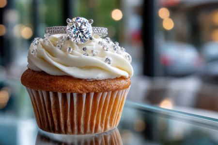 A cupcake with white frosting and a diamond ring on top sits on a glass surfaceの写真素材