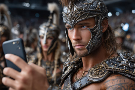 A warrior in detailed armor captures a moment with his smartphone among fellow armored fighters.の写真素材