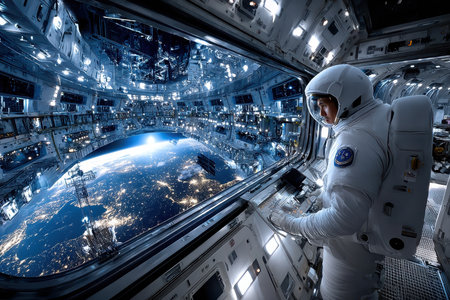 An astronaut looks out of a spacecraft window at Earth's illuminated cities during night.の写真素材