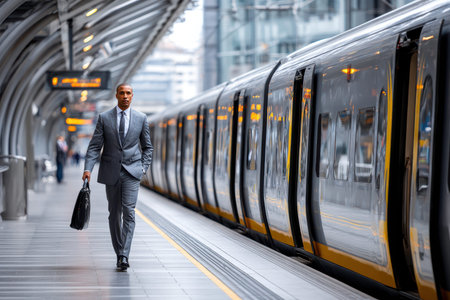 A suited man carrying a briefcase walks along the platform as the train approaches in the evening.の写真素材