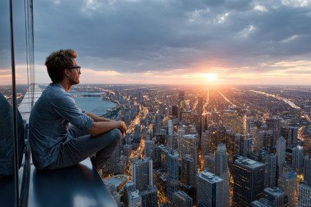 A man sits on a ledge overlooking the Chicago skyline as the sun sets, illuminating the city below.の写真素材