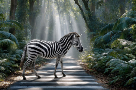 A zebra strolls down a forest path, illuminated by sunlight filtering through dense trees and foliage.の写真素材
