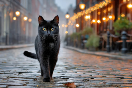A black cat strolls down a cobblestone street as evening mist settles, illuminated by warm lamps.の写真素材
