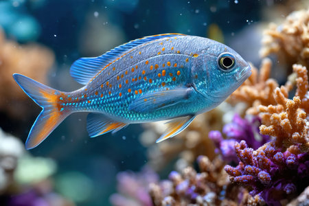 A brightly colored fish swims near a vibrant coral reefの写真素材