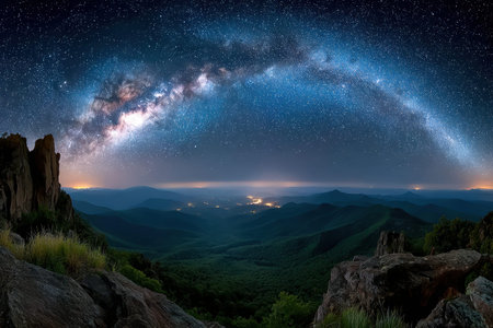 Milky Way arching over a green mountain valley at nightの写真素材