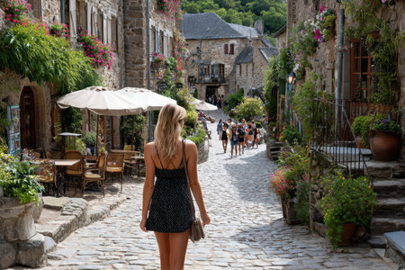 A woman strolls along a cobblestone path in a picturesque village surrounded by historic buildings and flowers.の写真素材