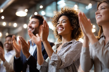 Enthusiastic audience members express appreciation by clapping at an event in a stylish venue.の写真素材