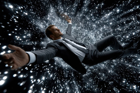 A man dressed in a suit is floating weightlessly in a dark cosmic environment filled with sparkling stars and light.の写真素材