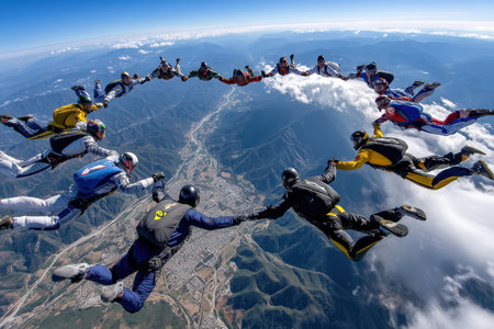 A group of skilled skydivers creates a stunning formation while descending in the bright blue sky above mountains.の写真素材