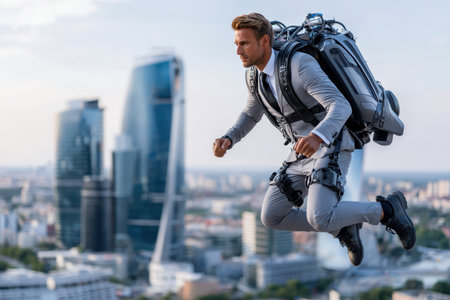 A man dressed in a suit is flying with a jetpack above a contemporary skyline under a clear sky.の写真素材
