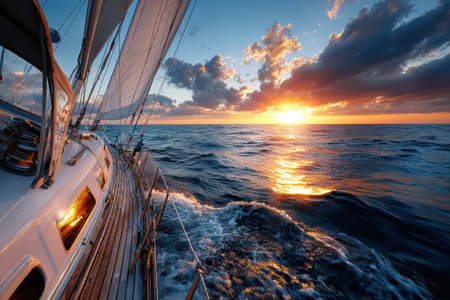 Sailboat cruising on the ocean during a vibrant sunsetの写真素材