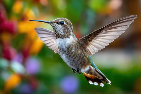 A high-speed shot of a hummingbird in flight, captured with a telephoto lens in natural light, showing the grace and speed of nature's smallest creaturesの写真素材