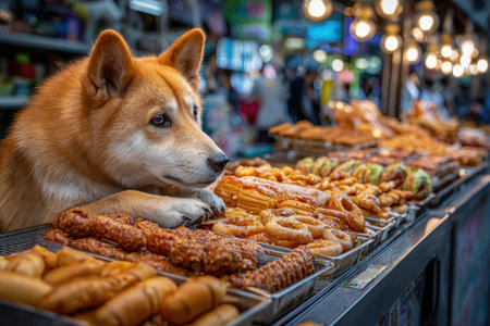 A dog looks at various street food items displayed on a stallの写真素材