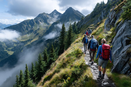 A group of hikers follows a rocky path through lush greenery in the Alpine mountains on a cloudy day.の写真素材