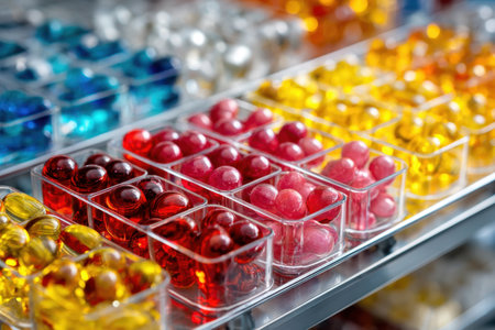 Brightly colored glass marbles are neatly arranged in transparent containers on a shelf, showing various hues.の写真素材