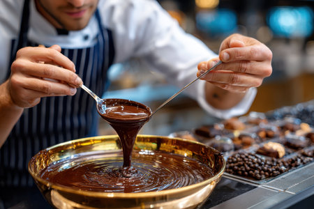 Chocolatier expertly pours glossy melted chocolate into a golden bowl while preparing sweet confections.の写真素材
