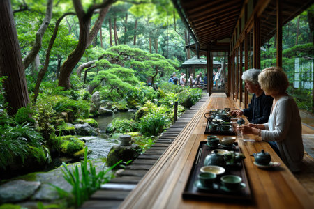 An elderly couple enjoys tea in a serene Japanese gardenの写真素材