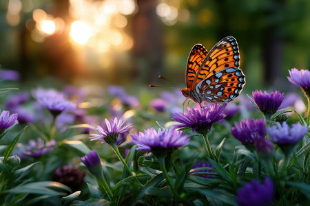 A butterfly rests on a purple flower in a sunlit gardenの写真素材