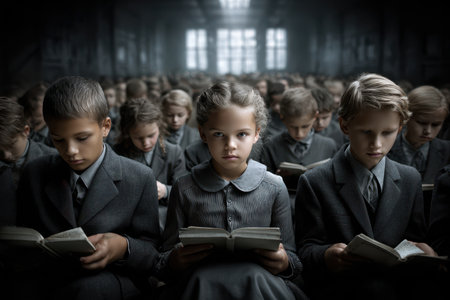 A group of children in gray uniforms sits in rows, deeply engaged in reading books in a dimly lit classroom.の写真素材