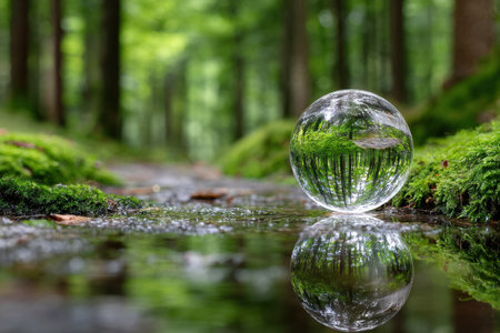 A crystal ball rests in a shallow forest stream, reflecting the surrounding treesの写真素材