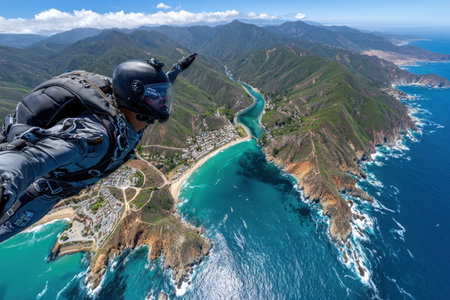 Skydiver gracefully descends over a breathtaking coastline, with mountains and a charming beach below.の写真素材